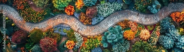 Fototapeta Drone perspective of a lively botanical garden festival with interactive floral exhibits, Fantasy, Bright, Watercolor, enchanting and lively event