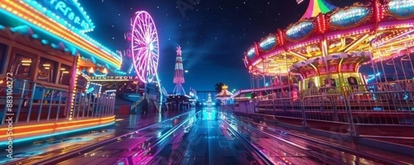 Fototapeta Drone shot of a vibrant carnival at night with neon lights and thrilling rides, Psychedelic, Neon, 3D render, exciting and dynamic nightlife scene