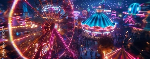 Fototapeta Drone shot of a vibrant carnival at night with neon lights and thrilling rides, Psychedelic, Neon, 3D render, exciting and dynamic nightlife scene