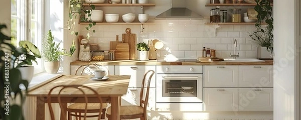 Fototapeta Clear view of a modern IKEA kitchen table with a natural wood frame and Scandinavian design, white background, Realistic, Soft lighting