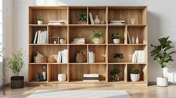 Fototapeta Clear view of a modern IKEA bookcase with geometric shapes and a natural wood frame, white backdrop, Vector art