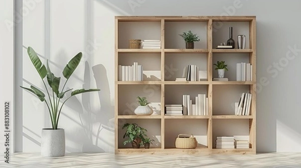 Obraz Clear view of a modern IKEA bookcase with geometric shapes and a natural wood frame, white backdrop, Vector art