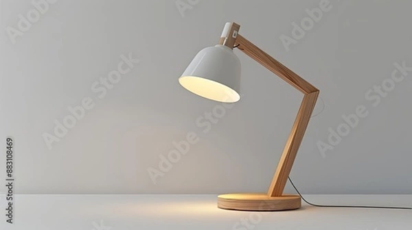 Fototapeta Clear view of a modern IKEA desk lamp with a natural wood base, sleek design, white backdrop, 3D rendering