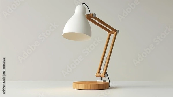 Fototapeta Clear view of a modern IKEA desk lamp with a natural wood base, sleek design, white backdrop, 3D rendering