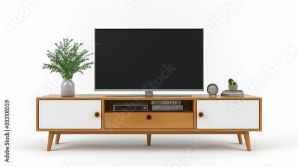 Fototapeta Clear view of a modern IKEA TV stand with geometric shapes and a natural wood frame, white backdrop, Vector art
