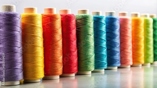 Obraz Assorted colored yarn spools in a row, yarn, spools, colorful, assortment, craft, hobby, knitting, sewing, homemade