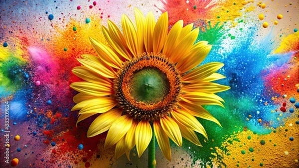 Fototapeta Abstract sunflower surrounded by colorful paint splatters, abstract, art,sunflower, flower, colorful, paint, splatter, vibrant