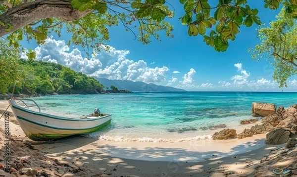 Fototapeta Beautiful caribbean sea and boat on the shore of exotic tropical island, panoramic view from the beach, Generative AI