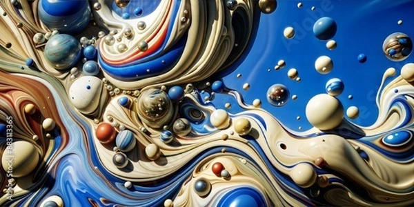Fototapeta A painting of a blue and white swirl with many small, colorful spheres