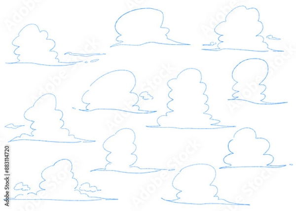 Fototapeta  手書きの入道雲、積乱雲のイラスト線画セット、バリエーション素材