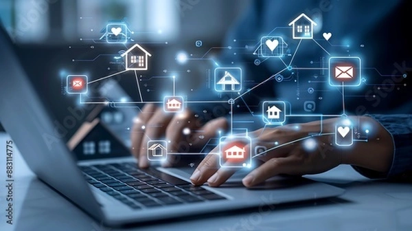 Fototapeta A digital marketing professional using AI technology to plan and temple the social media strategy for an online real estate business, including icons of houses connected by lines with other symbols