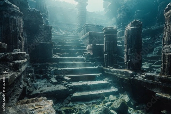 Fototapeta Submerged ancient ruins with stone steps and pillars in ethereal underwater light.