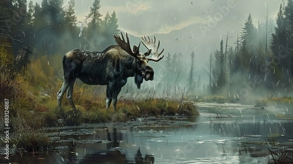 Fototapeta A majestic moose stands in a misty wilderness by a serene waterbody, surrounded by a tranquil, forested landscape. The mist creates an ethereal, otherworldly atmosphere.