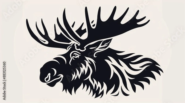 Obraz A simplified, black and white moose head logo, featuring abstract lines and shapes that emphasize the animal's antlers and profile, ideal for branding purposes.