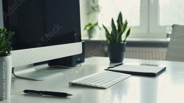 Fototapeta A minimalist workspace with a computer, notepad, and pen High quality images