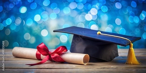 Fototapeta Stock photo of graduation cap and diploma on blue bokeh background, representing academic achievement and celebration