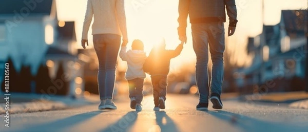 Obraz Family walking hand in hand along a sunlit neighborhood street, enjoying a peaceful evening stroll together at sunset.