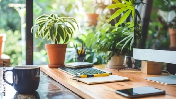 Obraz Modern Workspace with Plants and Coffee.