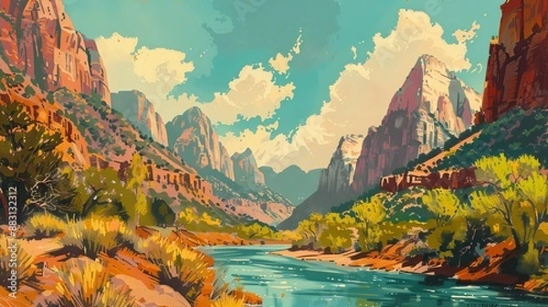 Obraz A vibrant illustration capturing a desert canyon scene with a flowing river, surrounded by rugged cliffs and sparse vegetation under a bright, clear sky.