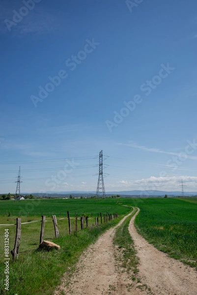 Fototapeta Peaceful summer afternoon, a rural landscape unfolds, featuring a wooden fence alongside a sandy road stretching to the horizon amid green pastures. In the distance, tall power poles are visible