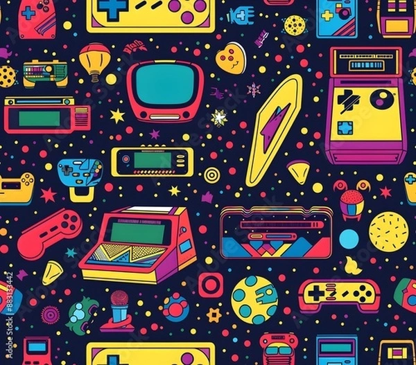 Obraz Retro Arcade Inspired Seamless Pattern for Birthday Party