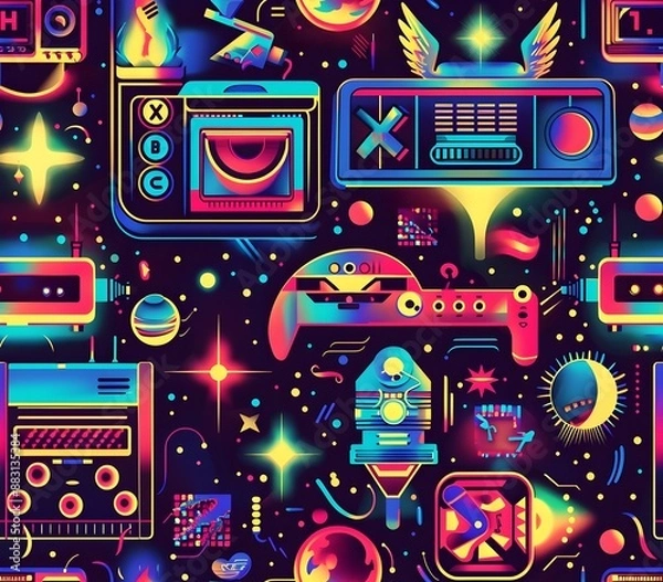 Fototapeta Vibrant Retro Styled Birthday Party Arcade Game Themed Seamless Pattern