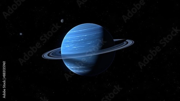 Obraz Beautiful rendering of a Neptune-like blue planet with thin rings and two moons set against the backdrop of a starry night sky in the depths of space.