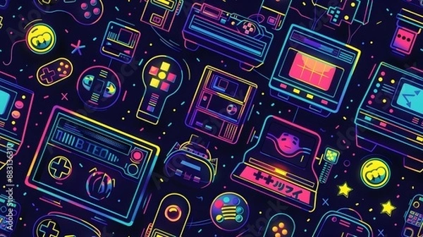 Obraz Retro Arcade Inspired Birthday Bash with Vibrant Neon Accents and Vintage Gaming Decor