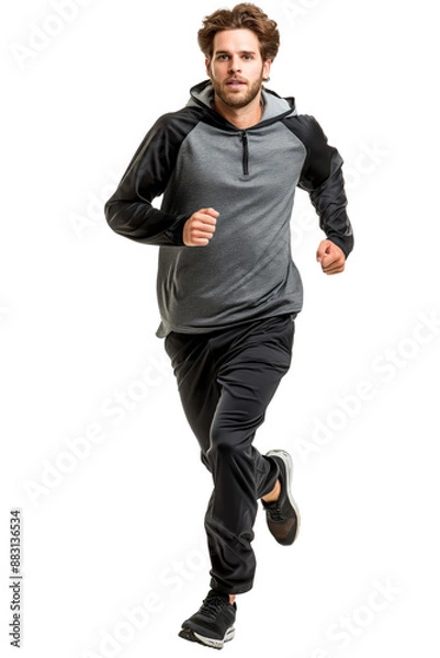 Fototapeta Man in Grey and Black Hoodie Running on White Background