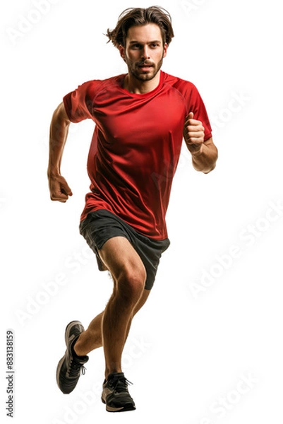 Fototapeta Man in Red Shirt Running Forward on White Background
