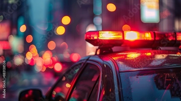 Fototapeta A scene of a police car with flashing red and blue lights patrolling an urban area at night, creating a sense of urgency and law enforcement presence in the city.