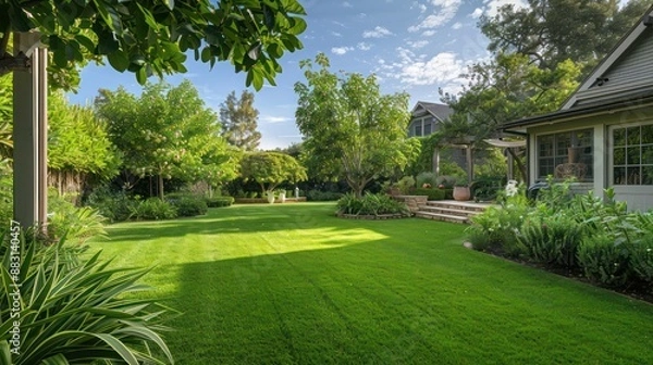 Obraz lush, green backyard of a Suburban Colonial home featuring a perfectly manicured lawn and small orchard