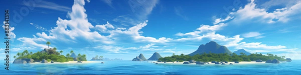 Fototapeta Wide panoramic photo of the ocean and the green island