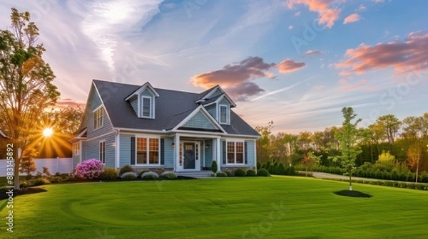 Obraz Suburban Cape Cod home during a vibrant spring day, its exterior freshly painted and the lawn perfectly green