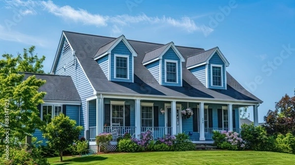 Obraz Suburban Cape Cod home with a freshly painted blue exterior, complementing the clear blue sky