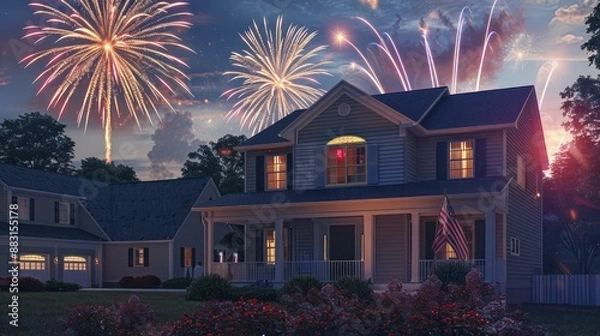 Obraz Suburban Colonial home during a festive Fourth of July celebration, complete with fireworks in the background