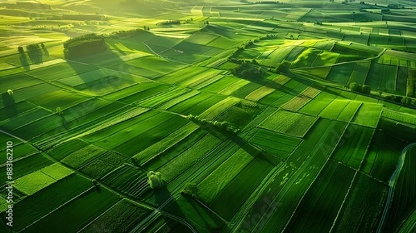 Fototapeta Aerial view of green farmland fields at sunrise with patchwork crops