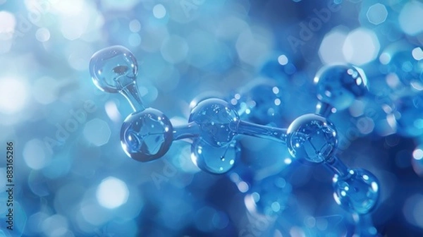 Fototapeta A close-up image of a blue molecular structure against a blurry background of blue and white light