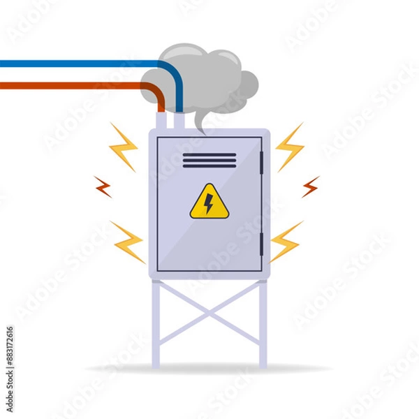 Obraz Damaged Switchboard. Electrical wires in box. Cartoon flat illustration. Fuse and electrical engineering.