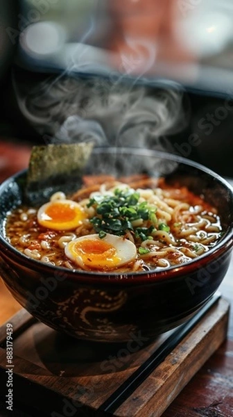 Fototapeta Steaming Hot Bowl Of Delicious Ramen Noodles With Egg