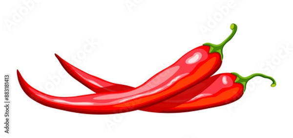 Obraz Chili peppers in cartoon style. Vector illustration of delicious red and hot chili peppers isolated on white background. Cooking. Healthy food. Logotype. Banner.