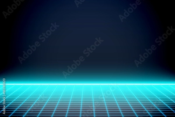 Fototapeta Turquoise neon color floor lines background. Perspective plane of abstract lines. Retro Futuristic style