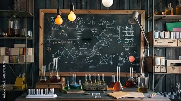 Obraz Science blackboard with math. Real physical equations of relativity theory, string theory and quantum mechanics. AI generated illustration