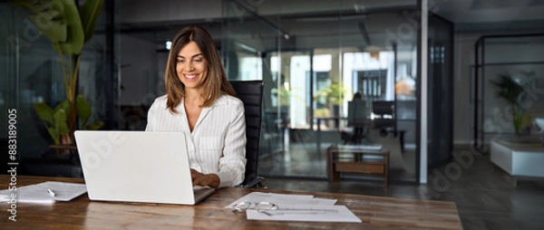 Fototapeta Middle age European business woman CEO using laptop application for work at table workspace in office. Smiling Latin Hispanic mature adult professional businesswoman using pc digital computer. Banner