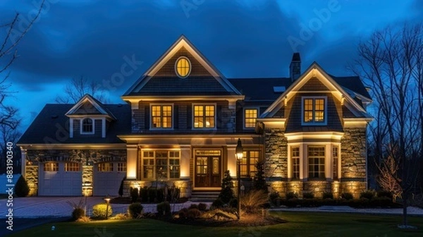 Obraz Suburban Colonial home with an elaborate outdoor lighting setup that highlights the architectural features of the house at night