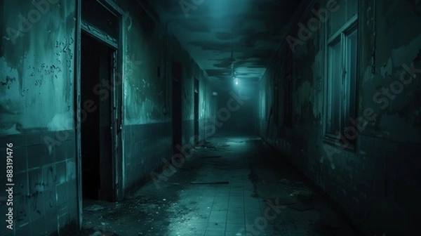 Obraz a dark corridor in an abandoned hospital at night, illuminated by a flickering light beam. 