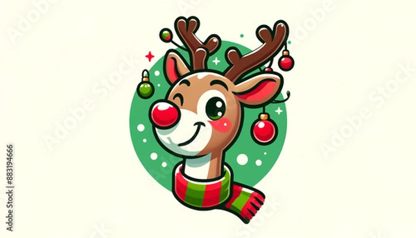 Fototapeta Christmas reindeer with garlands on the antlers and wearing a scarf. AI Generated