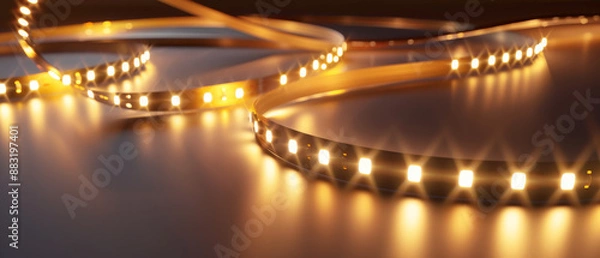 Fototapeta Warm, glowing LED light strips are artistically arranged on a smooth surface, creating a modern and captivating scene.