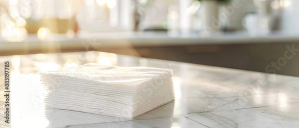 Obraz In a bright, modern kitchen, a stack of white napkins sits neatly on a marble countertop, bathed in soft sunlight.