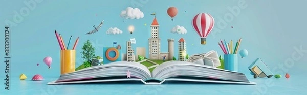 Obraz Styled pop-up book city with busy urban city people. 3D illustration. AI generated illustration
